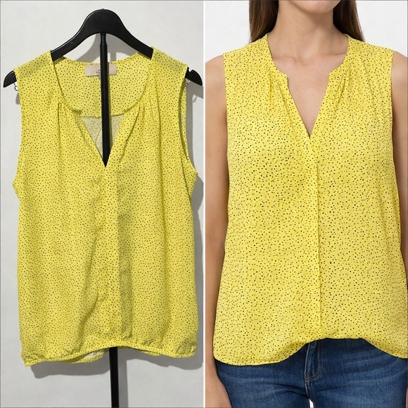 LOFT Tops - LOFT Yellow Polka Dot Sleeveless V-Neck Blouse - Size Large